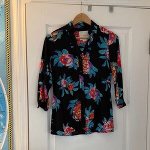 Maeve Black Blouse with Vibrant Floral Print